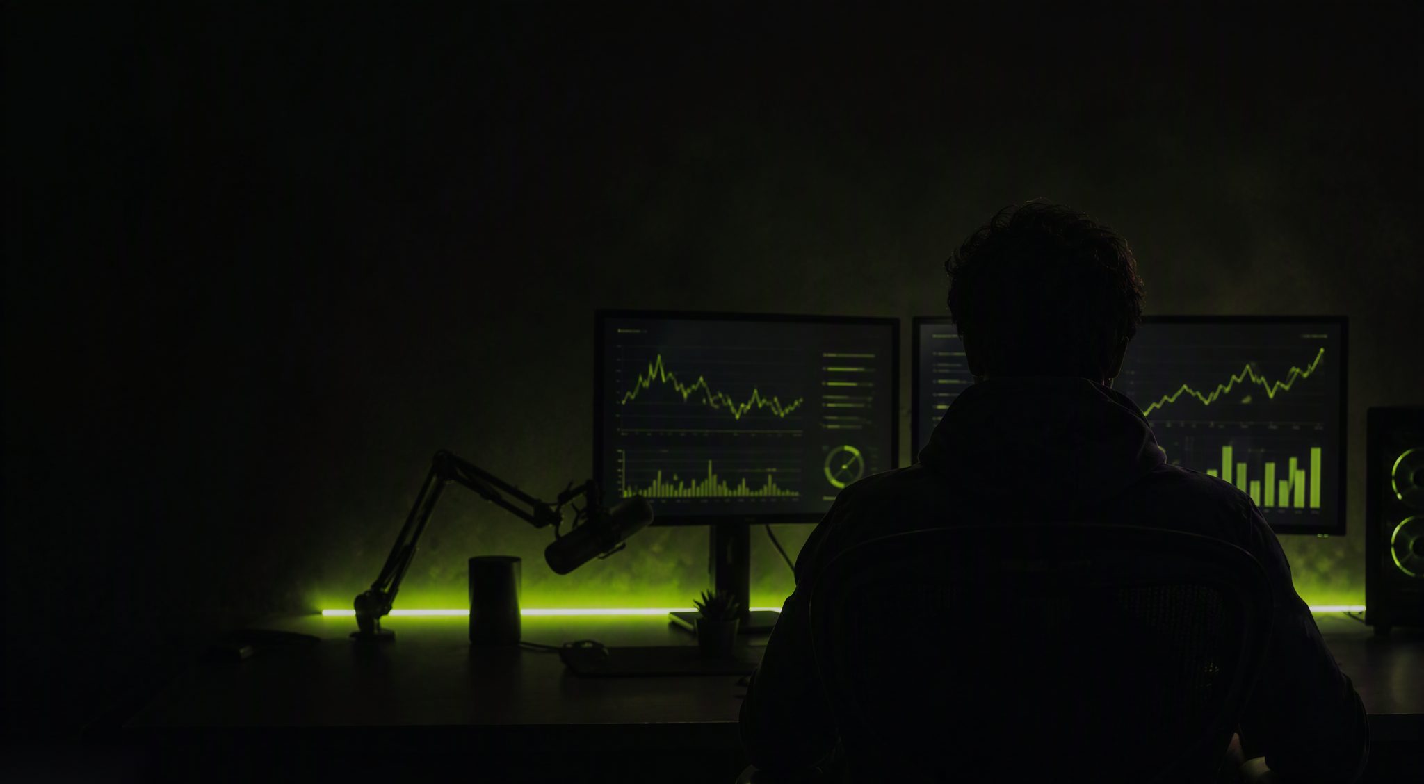 Un creador de espaldas, de noche, frente a dos monitores con gráficas de analítica en verde lima